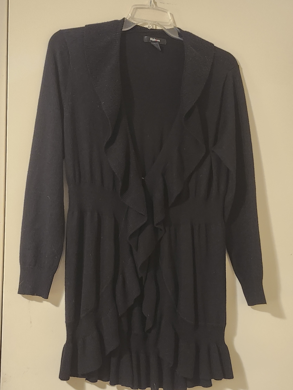 Style & Co. Y2K Black Ruffle-Front Long Cardigan Whimsigoth Romantic Goth Boho L